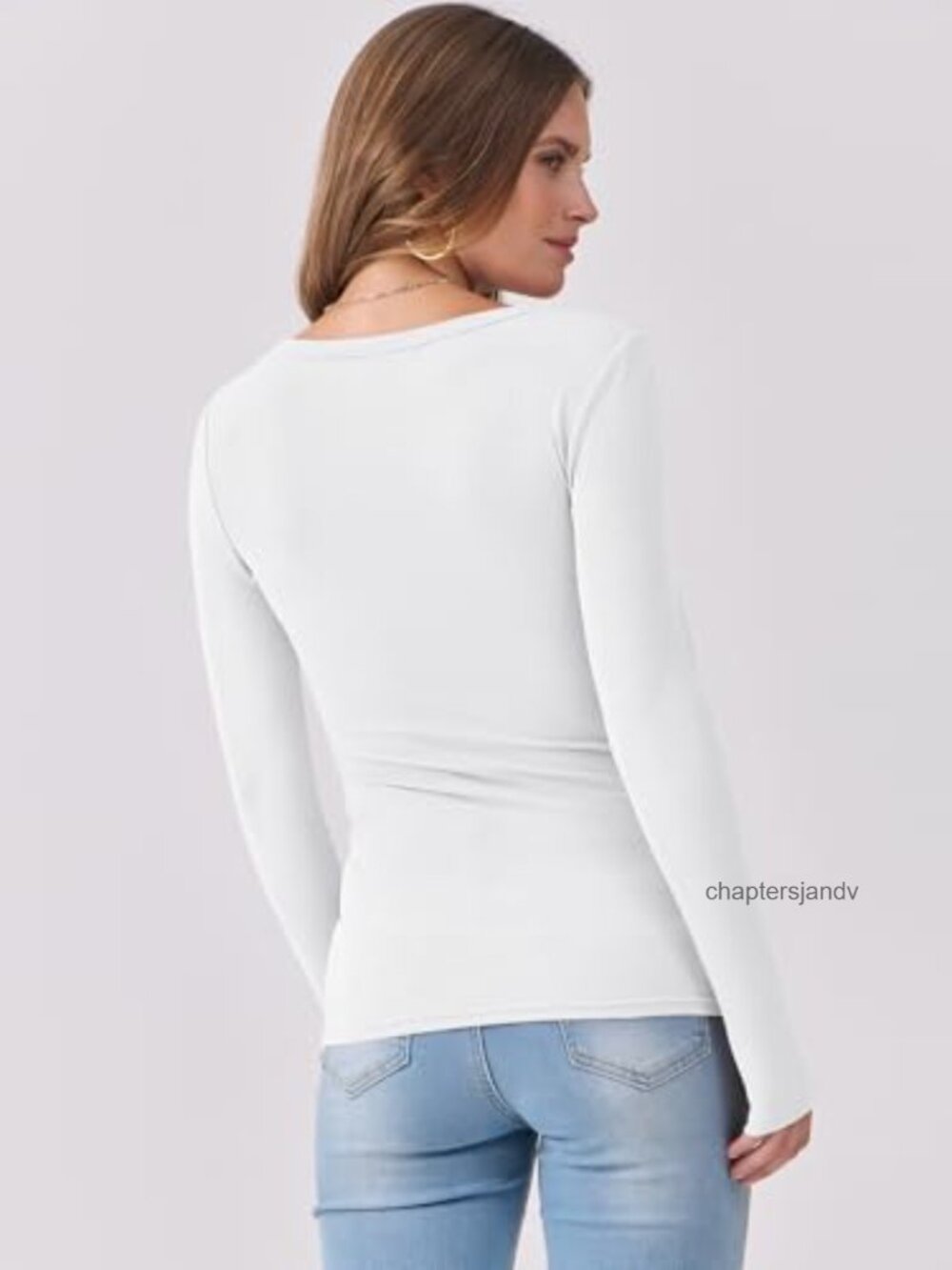 Women's Long Sleeve Scoop Neck Ribbed Knit Top Skinny Fit Casual Tee - Picture 3 of 6